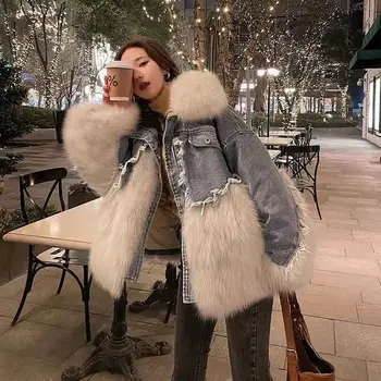2021 zima, nowy styl, denim, uszyta z naturalnego лисьего futra, płaszcze dla kobiet, płaszcze ze sztucznego futra średniej długości