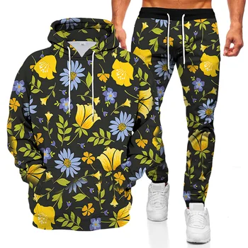 2022 nowa wiosenno-jesienna męska odzież sportowa z 3D kwiatowym nadrukiem, 2 przedmiotu, sweter z kapturem + spodnie, sweter, mężczyzna dorywczo strój