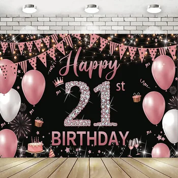 21 Urodziny Dekoracje Zdjęcia Tło Baner Różowe Złoto Tło Plakat Balon Prezent Kochanka