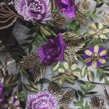 (5 metrów/szt) Czarno-fioletowa afryki francuskiej koronki tkaniny z doskonałą haftem kwiatami i cekinami do wieczorowej sukni FSS017