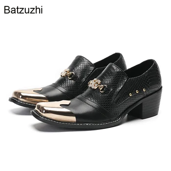 Batzuzhi/buty męskie w stylu włoskim; modne czarne męskie skórzane moda buty z żelazną toe; zwiększona biznesowa/świąteczna buty; US6-12!
