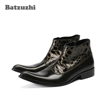 Batzuzhi / Luksusowe Męskie buty ręcznie wykonane, Botki z brązowej skóry z ostrym czubkiem, biznesowe modelowe buty zapinane na zamek, krótkie buty motocyklowe, US12