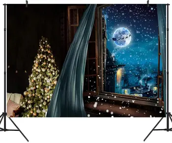 Boże Narodzenie Tło Okno Śnieżna Scena Miasto Nocą Księżyc Sanie Świętego Mikołaja Rodzinna Impreza Zdjęcie W Tle Dekoracji