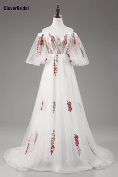 CloverBridal wyjątkowa sukienka z rękawami-пагодами i kolorowym haftem vestido longo z białego tiulu z otwartymi ramionami na bal z czerwonym motywem kwiatowym wzorem