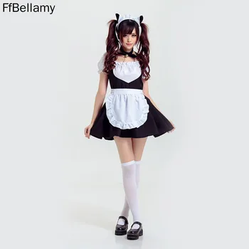 Cute Anime Kot Dzwonek Strój Pokojówki Claasic Cosplay Kostium Dziewczyny Kawaii Dress Lolity Kawy Służąca Czarny Biały Uniform