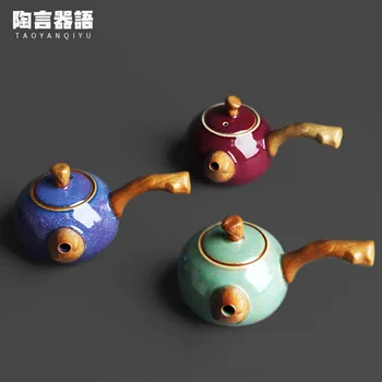 Czajnik z drewnianą rączką do wypalania w piecu Ючжоу Jun, ceramika ręcznie, kropla surowego oleju mineralnego, Тяньму Kung-fu, ceremonia herbaty, czajnik z rączką, czajnik ddla przygotowania herbaty