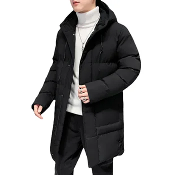 Długa kurtka z podszewką z bawełny, męskie zimowy zagęszczony płaszcz dla młodych i w średnim wieku, w jednolitym kolorze casual kurtka z bawełny z podszewką i kapturem