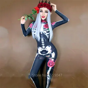 Halloween Cosplay Przerażające Kostiumy Kobiety Duch Panny Młodej Horror Zombie Róża Szkielet Kombinezon Królowa Karnawału Sexy Body Sceniczna Odzież