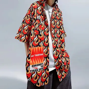 Hip-Hop Czerwony Płomień Pełna Print Koszule Na Guziki Męskie Koszule Z Krótkim Rękawem Damskie Japońskie Koreańskie Plażowe Koszule Harajuku Letnie