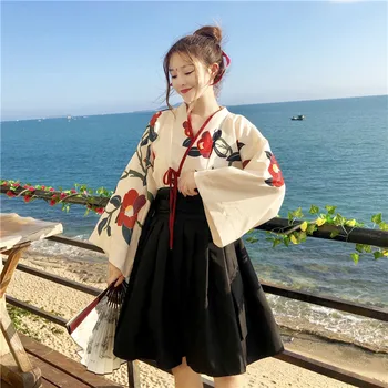 Kimono w stylu Lolity Hanfu kawaii dla dziewczyn, słodkie zestawy w stylu lolita, fajna koszulka z nadrukiem + spódnica z wysokim stanem, gotycki strój lolity, wiktoriański cosplay, loli