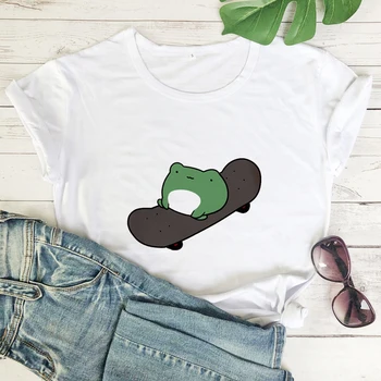 kolorowy t-shirt kawaii do jazdy na deskorolce z żabą, zabawne t-shirt z wizerunkiem zwierząt