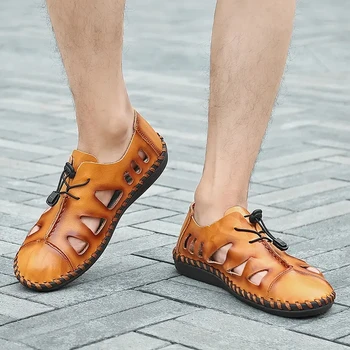 Letnie męskie Sandały Ze skóry z otworami Baotou, obuwie sznurowane, Uszyta ręcznie, Antypoślizgowe obuwie na Miękkiej podeszwie, buty Do jazdy, Duże rozmiary 38-49