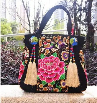 Modne torebki damskie narodowej z haftem na zakupy!Piękne Kobiece torby na ramię i przez ramię z kwiatowym haftem, uniwersalne torby z frędzlami