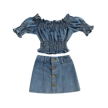 Modne ubrania dla dziewczyn 1-6 lat, letnia odzież, Monochromatyczne Plisowane bluzki z odkrytymi ramionami i Krótka spódnica na guziki, Zestaw z dwóch przedmiotów