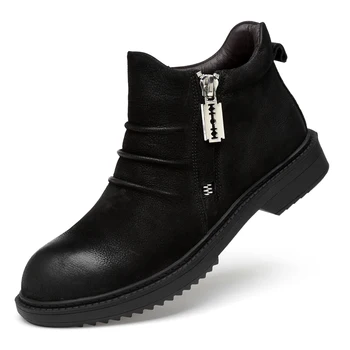 Męskie casual kowbojskie buty w stylu angielskim, buty ze skóry naturalnej, czarne jesienno-zimowe buty 