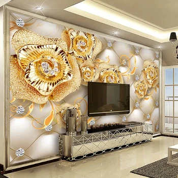 Niestandardowe Samoprzylepne Tapety 3D Biżuteria Z Diamentami Złoty Kwiat Salon TV Tło Malowanie Ścian Tapety, Wystrój Domu