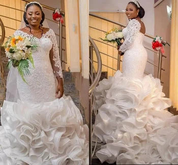 Nigeryjskie Afrykańskie Suknie Ślubne Syreny Plus Rozmiar Arabskie Własne Fanaberie Katedra Pociąg Koronki, Przezroczyste Suknie Ślubne Z Długim Rękawem
