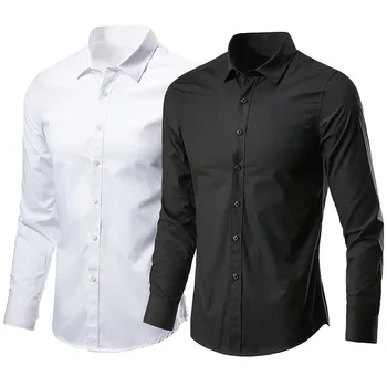 Nowa Modna Bawełniana Koszula Z Długim Rękawem W Jednolitym Kolorze Dopasowana Męska Społeczna Codzienny Biznes Biała Czarna Koszula