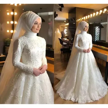 Nowoczesne Czysto Białe Koronkowe Muzułmańskie Suknie Ślubne Z Wysokim Dekoltem I Aplikacją Z Długimi Rękawami 2022 Arabskie Suknie Ślubne