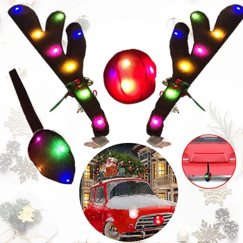 Samochodowe Rogi Ozdoba choinkowa Samochodu LED Świecące Samochód Rogi Z Nosem Ogon Dekoracje Świąteczne Akcesoria