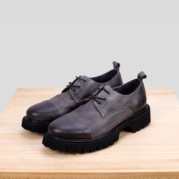 Skórzane buty z naturalnej skóry z trzema stawami, męskie derby na grubej podeszwie, oficjalne i biznesowe codzienne Czarne skórzane buty w Stylu brytyjskim Duży rozmiar