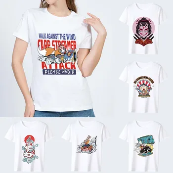 T-shirt damski, letni modny Top, Modny Cienki Miękki Top z okrągłym dekoltem, Damska Casual Maska z japońskiego Anime, Top z Wzorem Harajuku