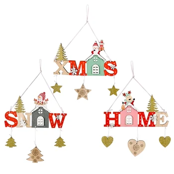 T3EC boże Narodzenie Drewniany Znak Świąteczny Dom Śnieżne Litery Hollow Kolej Naklejka Cartoon Santa Snowman Łoś Gwiazda Wisiorek Ozdoba