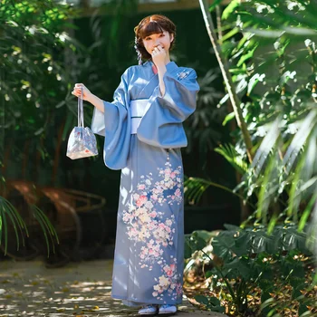 Tradycyjna Japońska Etniczne Ubrania Tokio Lady Niebieski Szlafrok Delikatny Retro japoński Zmodyfikowany Morandi Formalne Kimono Dla Dziewczyn