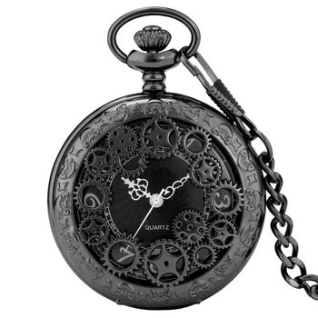 Wisiorek Czarny/Srebrny/Złoty zegarek Kwarcowy Zegarek Kieszonkowy koła Zębate Pusty Projekt Cyframi Arabskimi Dial Zegarek dla Pań Retro Prezenty dla Mężczyzn i Dzieci