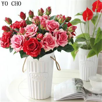 YO CHO Sztuczne Kwiaty Tanie Pion Flores Liście DIY Kwiat na Ścianie Bukiet Ślubny Róże Wieniec Obecnie Dotyk Jedwabiu Kwiaty Róże