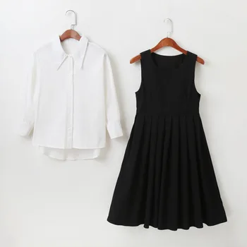 Zestawy ubrań dla dziewczyn 2022, Jesienna Casual Biała Koszula z Długimi rękawami i guzikami z przodu i sukienki, Odzież Dziecięca z dwóch przedmiotów, Koreański Odzież