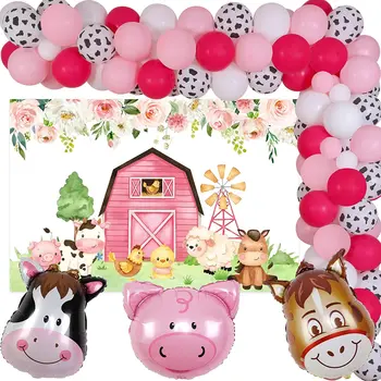 Różowy Wystrój na Przyjęcia ze Zwierzętami na Farmie Dla Dziewczyn, Kreskówki Zwierzęta na Farmie, Tło, Balony z Folii ze Zwierzętami na Urodziny, baby Shower, Wieczorowe, Akcesoria